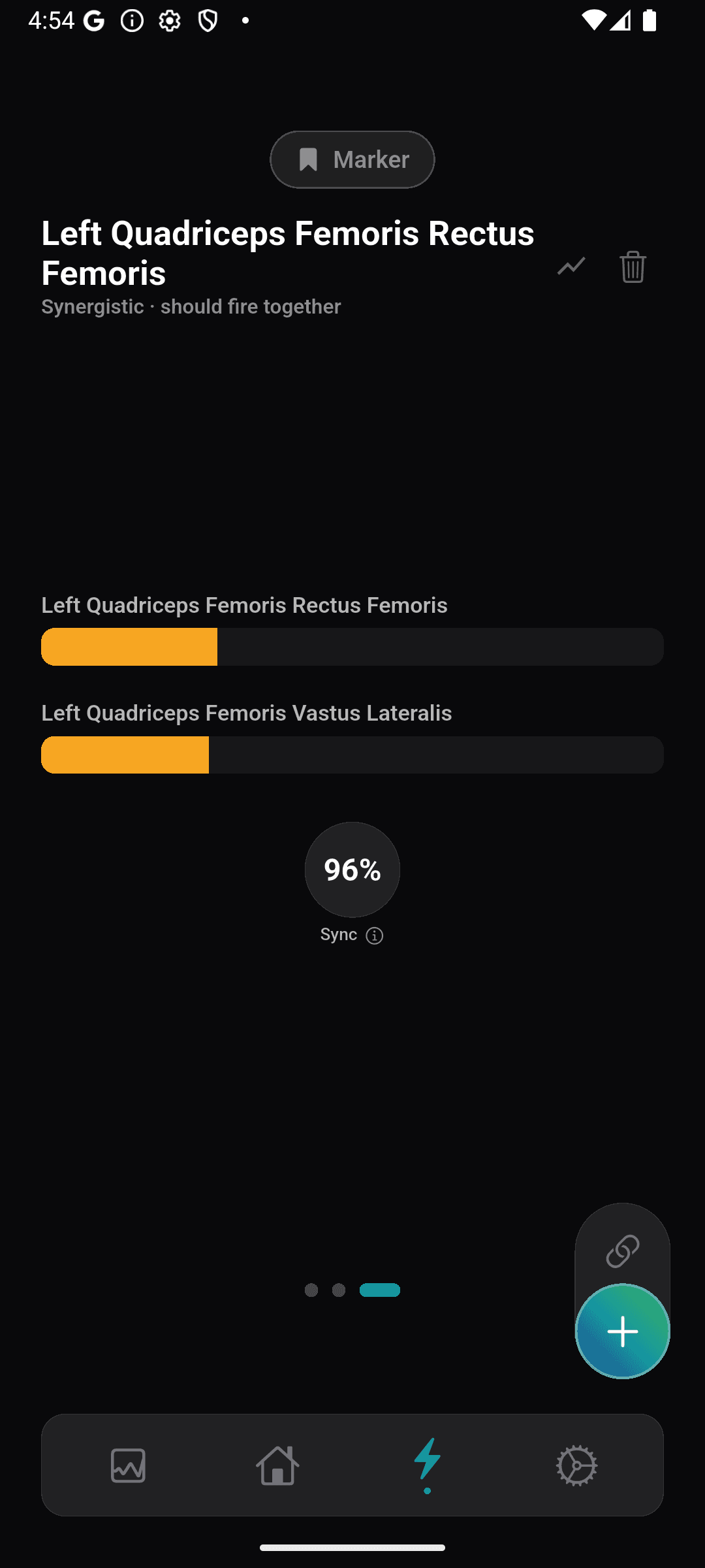 Synergistic muscle pair widget displaying 96% sync between prime mover and helper
